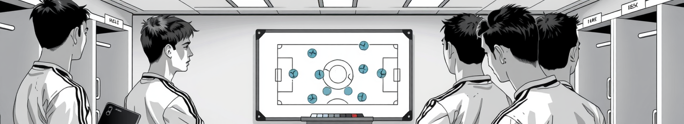 A player-coach reviewing tactics with the team in a locker room