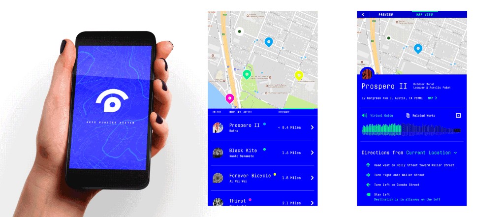 The Arts Publica app — home screen, a map of nearby exhibitions ranked by distance, and an exhibit detail with audio guide and turn-by-turn directions