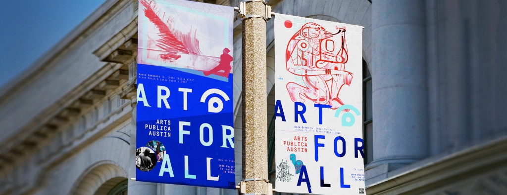 Arts Publica 'Art for All' street pole banners installed outside a civic building