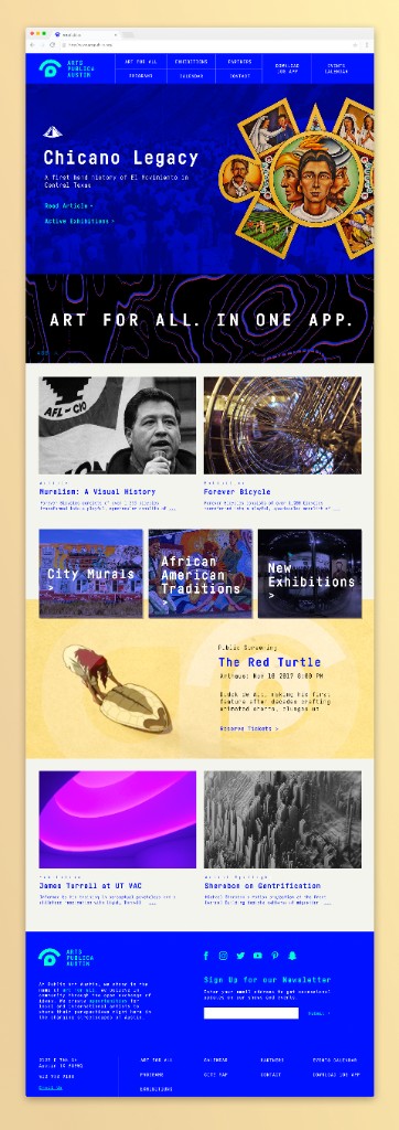 The Arts Publica Austin website — a 'Chicano Legacy' feature, an 'Art for All. In one app.' banner, and a grid of exhibitions and articles