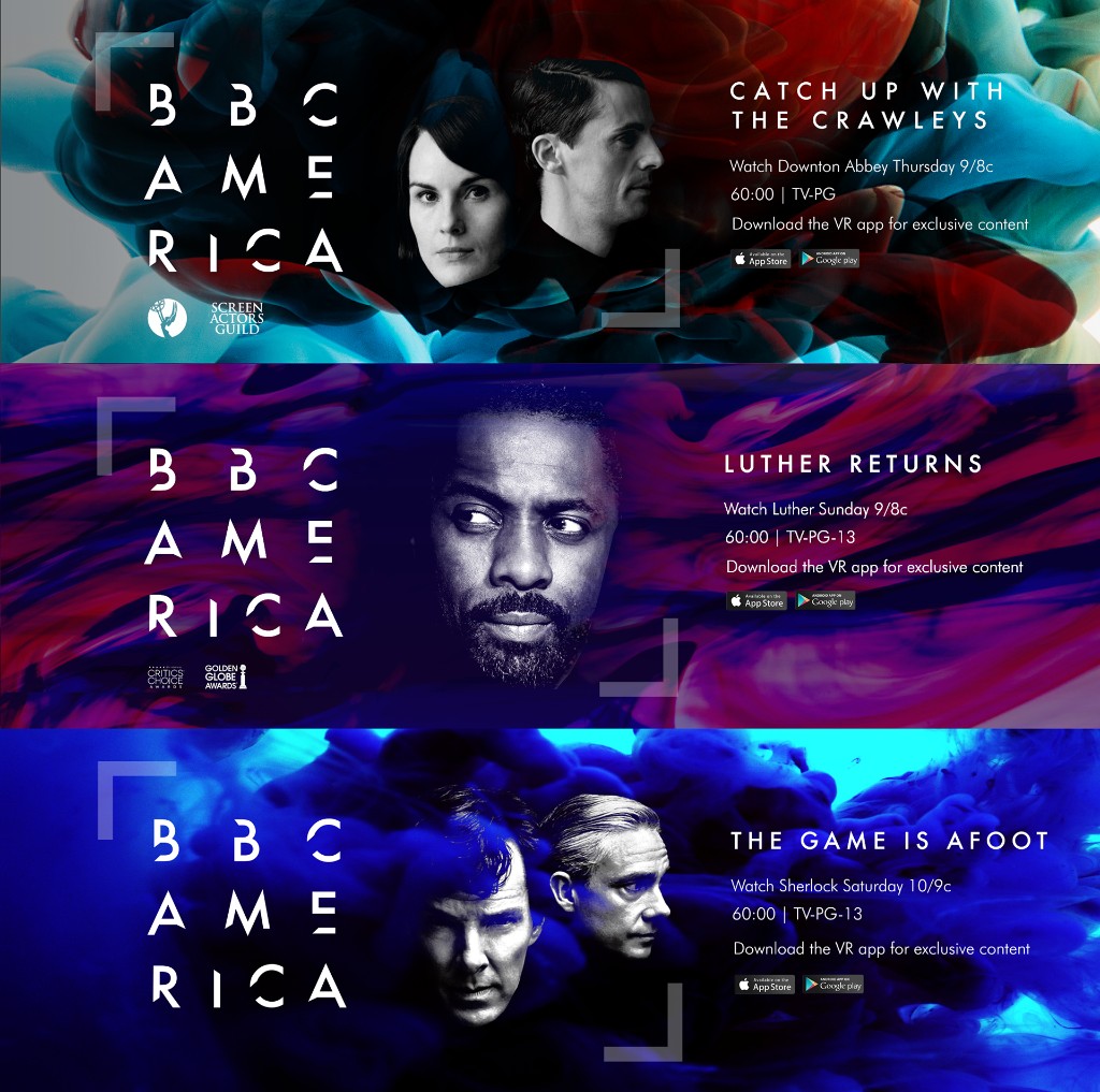 Horizontal show banners for Downton Abbey, Luther, and Sherlock using the shifting-ink brand system